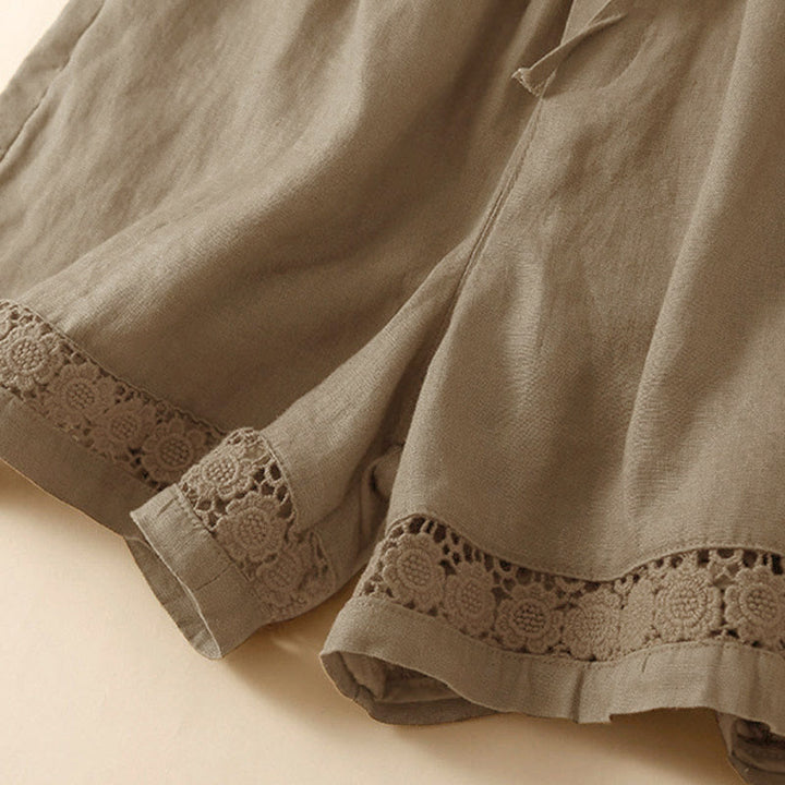 Buddha Stones Plain Color Bottom Hollow Lace Design Lace-up Cotton Women's Shorts With Pockets - image 13
