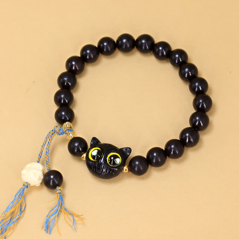 Buddha Stones Ebony Wood Cat Charm Braided Round Balance Bracelet - image 2