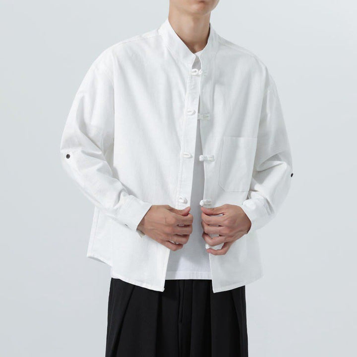 Buddha Stones Spring Fall Tang Style Minimalist Frog Button Mandarin Collar Solid Men's Long Sleeve Shirts With Pocket - image 27