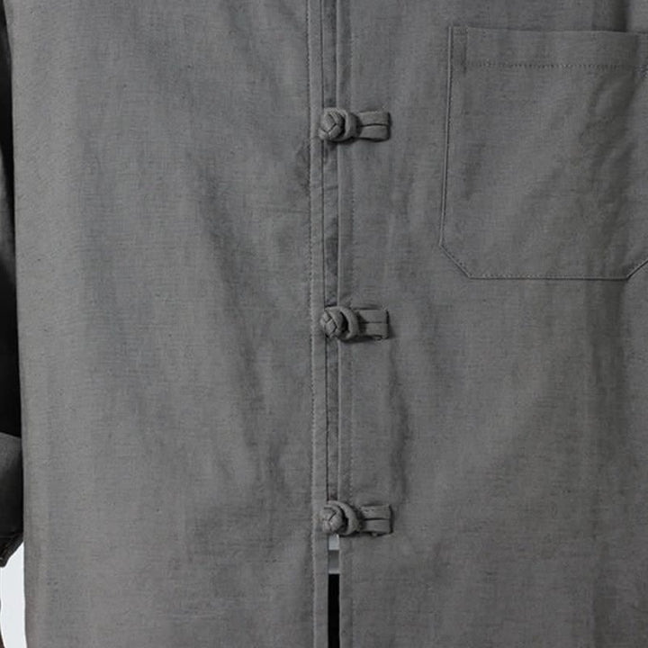 Buddha Stones Spring Fall Tang Style Minimalist Frog Button Mandarin Collar Solid Men's Long Sleeve Shirts With Pocket - image 19
