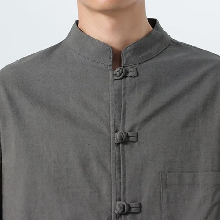 Buddha Stones Spring Fall Tang Style Minimalist Frog Button Mandarin Collar Solid Men's Long Sleeve Shirts With Pocket - image 17