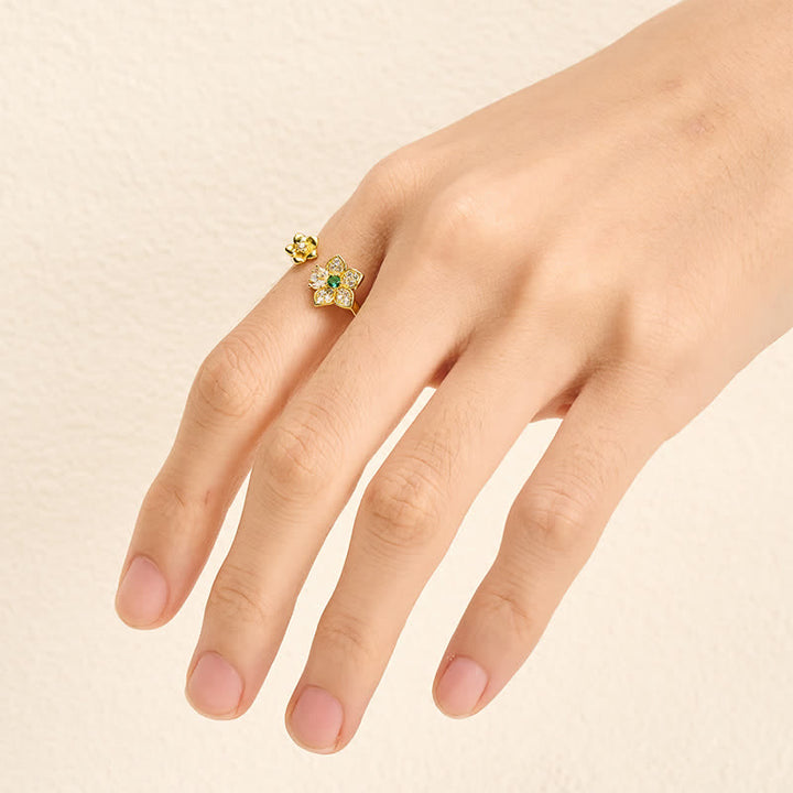 Buddha Stones Copper Two Flowers Blossom Harmonic Connection Ring - image 7