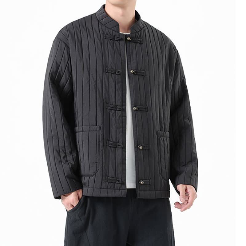Buddha Stones Fall Winter Casual Tang Style Frog Button Solid Men's Jackets With Pocket - image 7