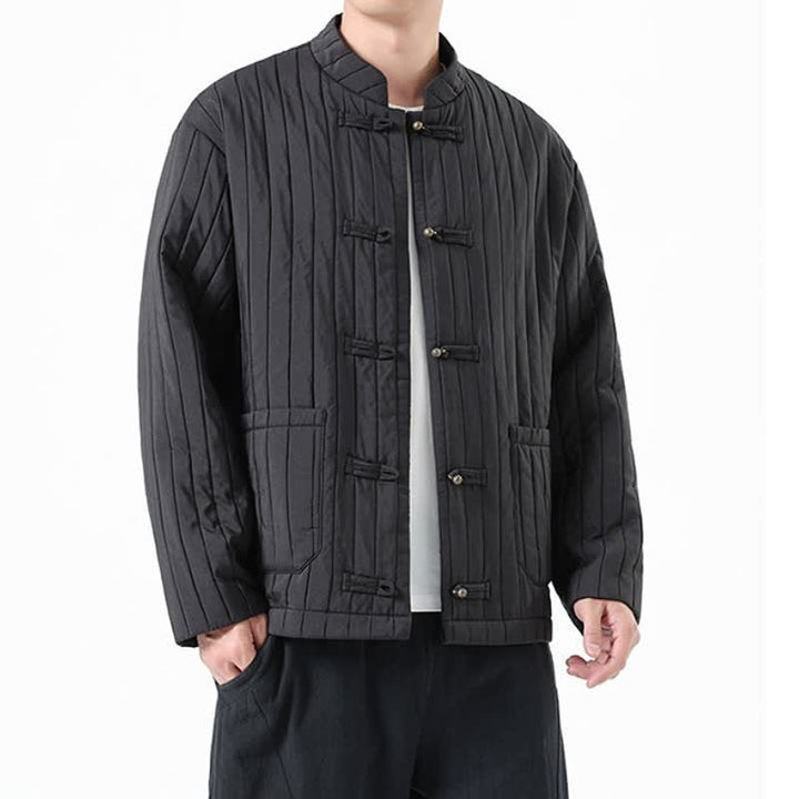 Buddha Stones Fall Winter Casual Tang Style Frog Button Solid Men's Jackets With Pocket - image 7