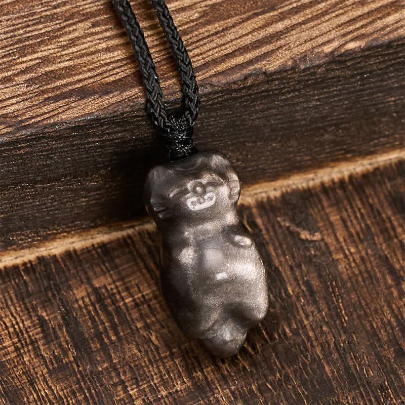 Buddha Stones Silver Sheen Obsidian Cat Pendant Grounding Braided Cord Necklace - image 3