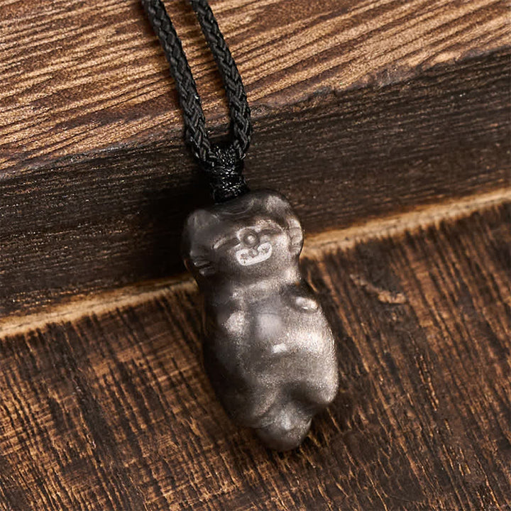 Buddha Stones Silver Sheen Obsidian Cat Pendant Grounding Braided Cord Necklace - image 3
