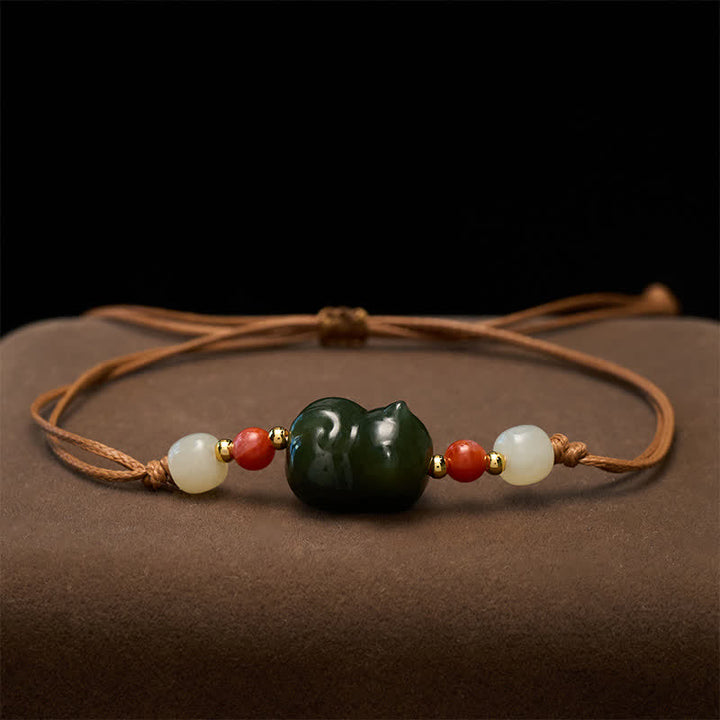 Buddha Stones Natural Hetian Jade Cat Hand-Woven Abundance Bracelet - image 2
