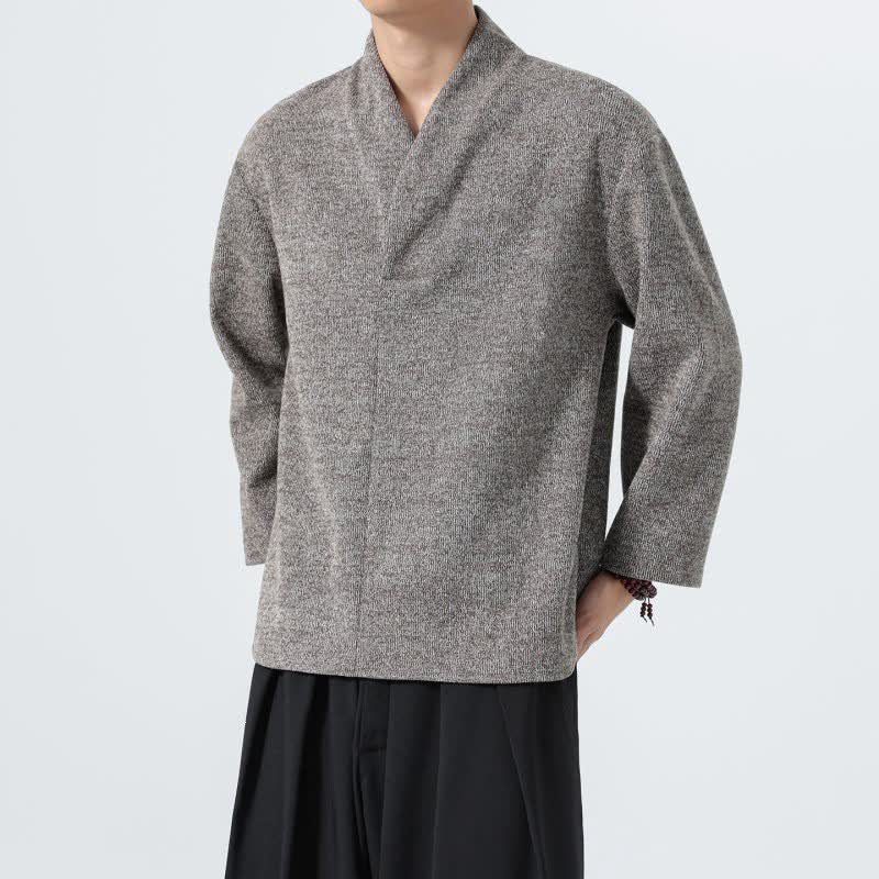 Buddha Stones Fall Winter Minimalist Casual Solid V-Neck Men's Long Sleeve T-Shirts - image 3