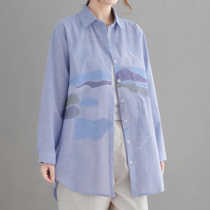 Buddha Stones Spring Fall Casual Vintage Button-Up Abstract Clouds Women's Long Sleeve Shirts - image 3