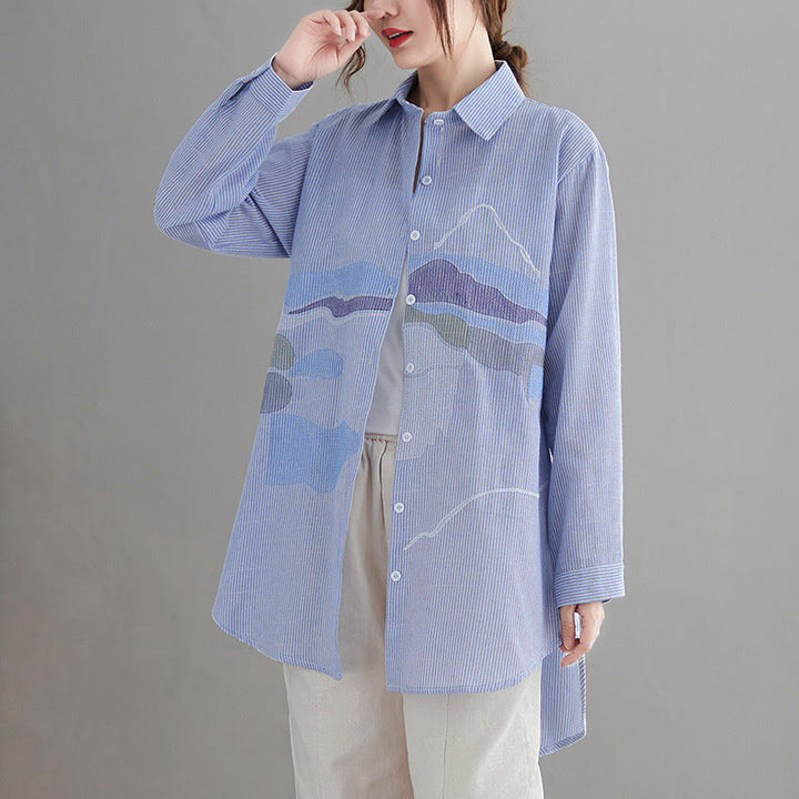Buddha Stones Spring Fall Casual Vintage Button-Up Abstract Clouds Women's Long Sleeve Shirts - image 2