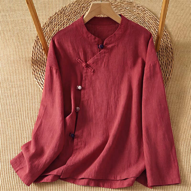 Buddha Stones Spring Fall Vintage Tang Style Frog Button Solid Women's Long Sleeve Shirts - FireBrick - US8-10, UK/AU12-14, EU40-42 (2XL) - image 15