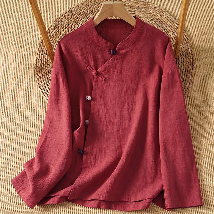 Buddha Stones Spring Fall Vintage Tang Style Frog Button Solid Women's Long Sleeve Shirts - FireBrick - US8-10, UK/AU12-14, EU40-42 (2XL) - image 15