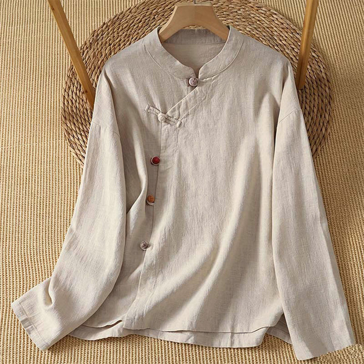 Buddha Stones Spring Fall Vintage Tang Style Frog Button Solid Women's Long Sleeve Shirts - Beige - US8-10, UK/AU12-14, EU40-42 (2XL) - image 9