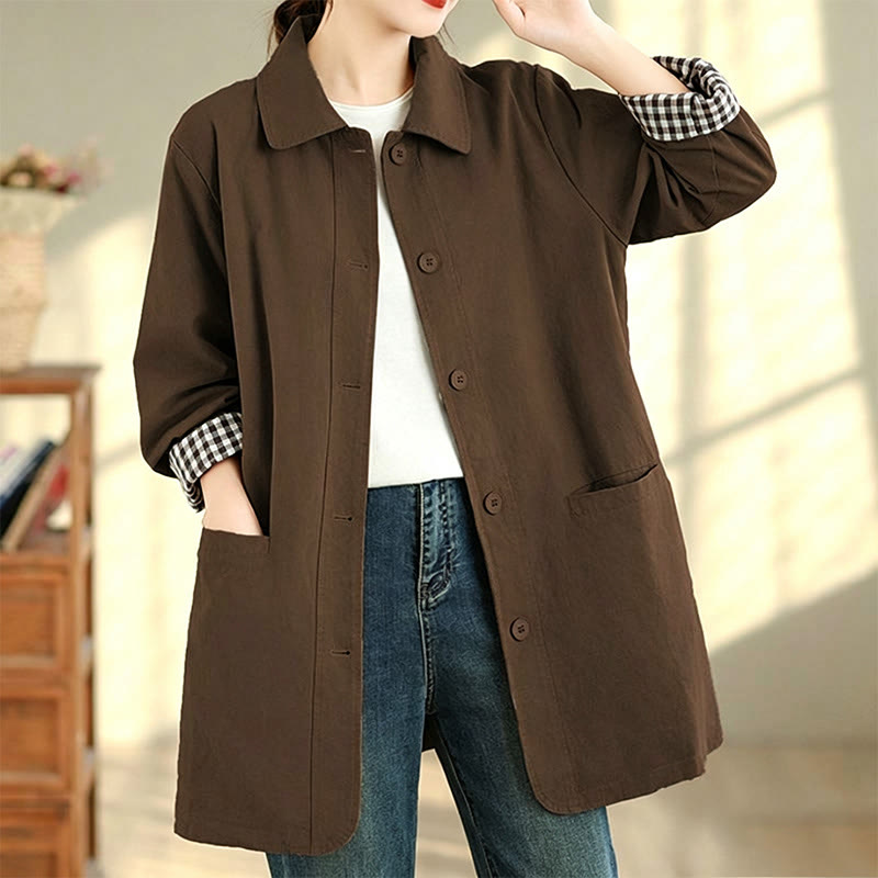 Buddha Stones Fall Simple Vintage Plaid Women's Jacket With Pockets - SaddleBrown - US12, UK/AU16, EU44 (2XL) - image 14