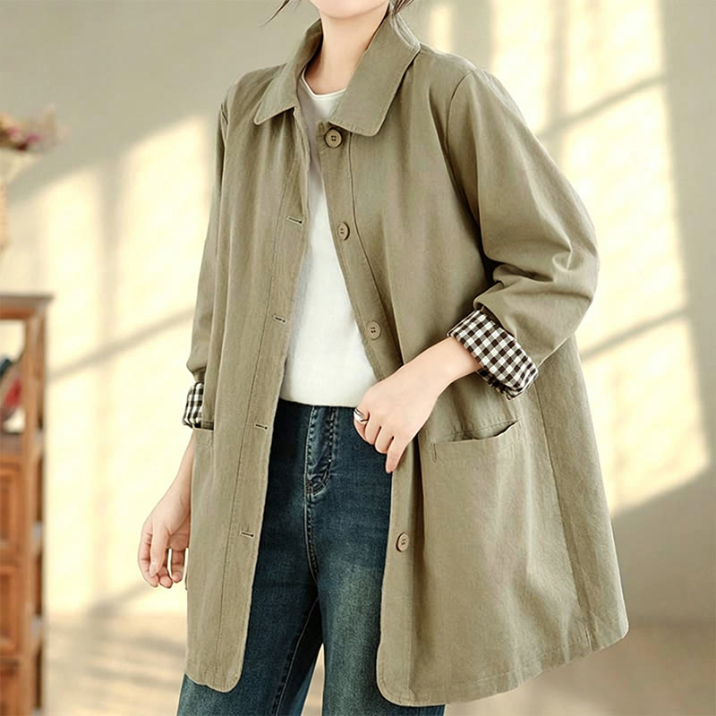 Buddha Stones Fall Simple Vintage Plaid Women's Jacket With Pockets - BurlyWood - US12, UK/AU16, EU44 (2XL) - image 0