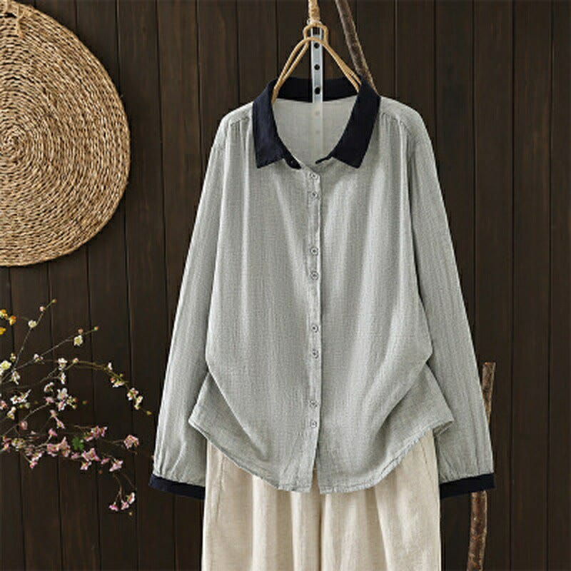 Buddha Stones Spring Casual Vintage Button-Up Contrast Collar Women's Long Sleeve Shirts - Silver - US12, UK/AU16, EU44 (3XL) - image 10