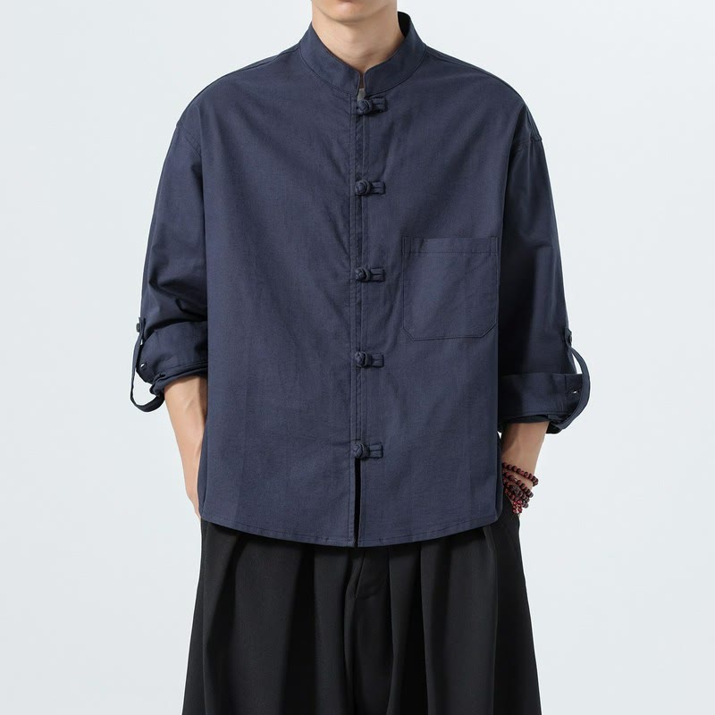Buddha Stones Spring Fall Tang Style Minimalist Frog Button Mandarin Collar Solid Men's Long Sleeve Shirts With Pocket - image 5