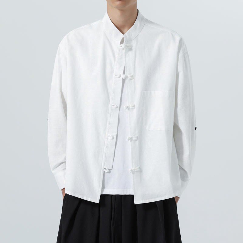 Buddha Stones Spring Fall Tang Style Minimalist Frog Button Mandarin Collar Solid Men's Long Sleeve Shirts With Pocket - image 22