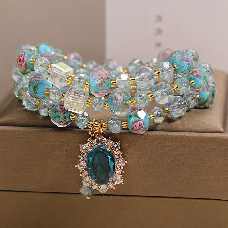 Buddha Stones Blue Liuli Glass Bead Floral Oval Charm Triple Wrap Clarity Bracelet - image 9