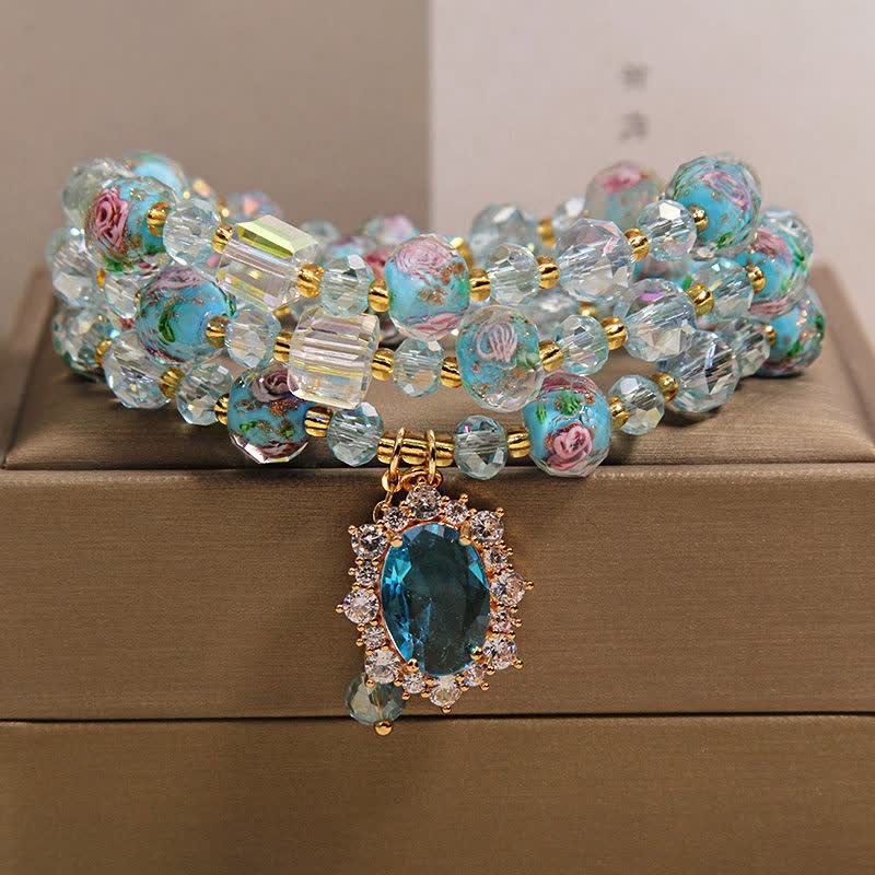 Buddha Stones Blue Liuli Glass Bead Floral Oval Charm Triple Wrap Clarity Bracelet - 5.9-6.3  in / 15-16cm - image 0