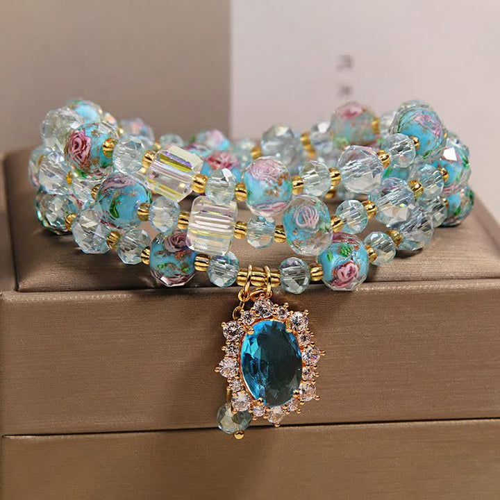 Buddha Stones Blue Liuli Glass Bead Floral Oval Charm Triple Wrap Clarity Bracelet - image 8