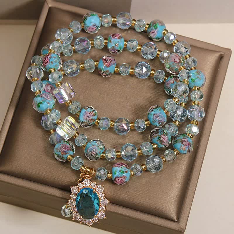 Buddha Stones Blue Liuli Glass Bead Floral Oval Charm Triple Wrap Clarity Bracelet - image 2