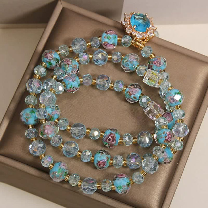Buddha Stones Blue Liuli Glass Bead Floral Oval Charm Triple Wrap Clarity Bracelet - image 3