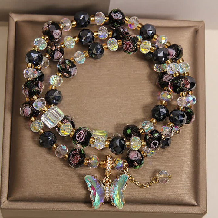 Buddha Stones Black Liuli Glass Bead Rose Butterfly Charm Transformation Triple Wrap Bracelet - image 1
