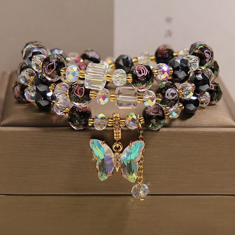 Buddha Stones Black Liuli Glass Bead Rose Butterfly Charm Transformation Triple Wrap Bracelet - image 7