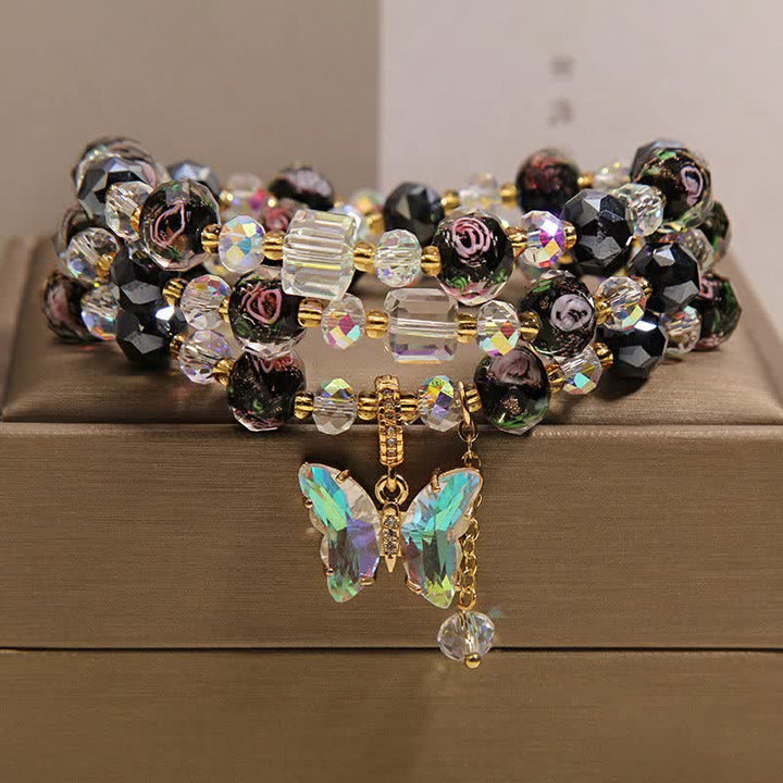 Buddha Stones Black Liuli Glass Bead Rose Butterfly Charm Transformation Triple Wrap Bracelet - image 7