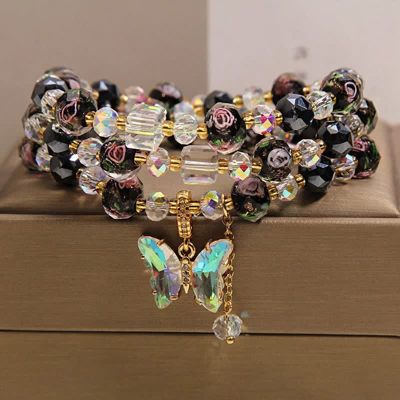 Buddha Stones Black Liuli Glass Bead Rose Butterfly Charm Transformation Triple Wrap Bracelet - image 8