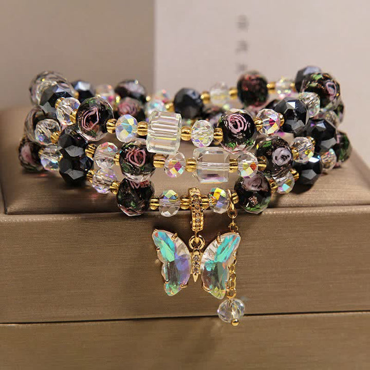 Buddha Stones Black Liuli Glass Bead Rose Butterfly Charm Transformation Triple Wrap Bracelet - Butterfly(Transformation ♥ Love) - image 0