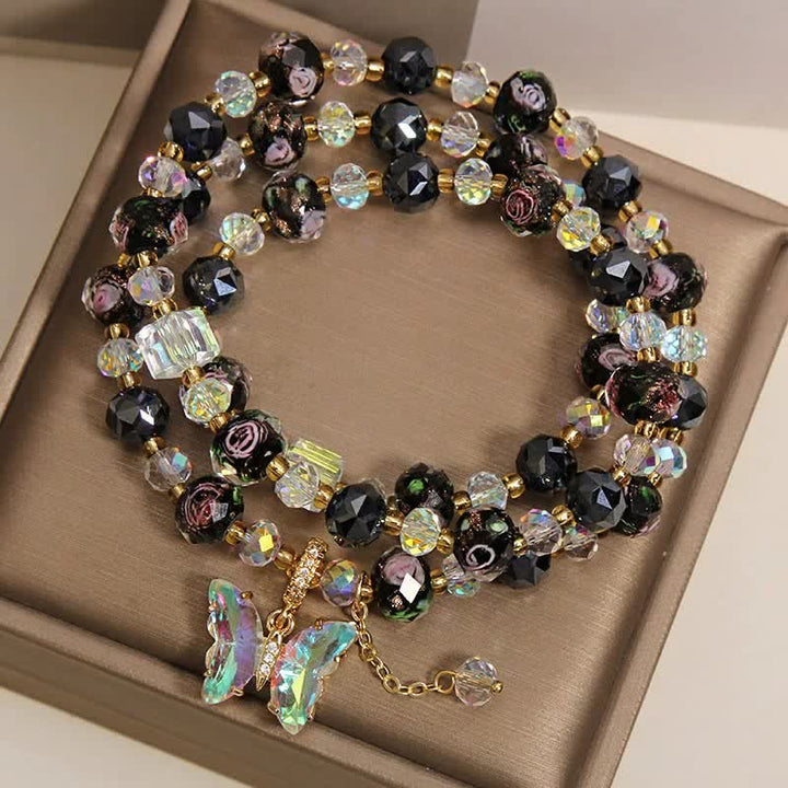 Buddha Stones Black Liuli Glass Bead Rose Butterfly Charm Transformation Triple Wrap Bracelet - image 3