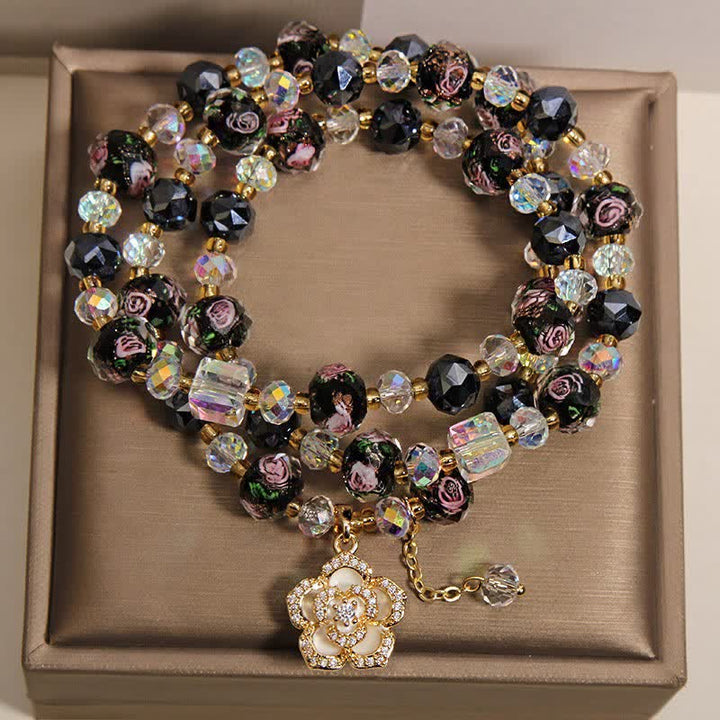 Buddha Stones Black Liu Li Glass Bead Flower Camellia Charm Harmonic Connection Bracelet - image 1