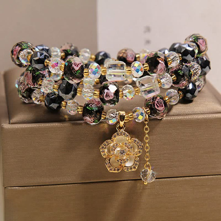 Buddha Stones Black Liu Li Glass Bead Flower Camellia Charm Harmonic Connection Bracelet - image 8