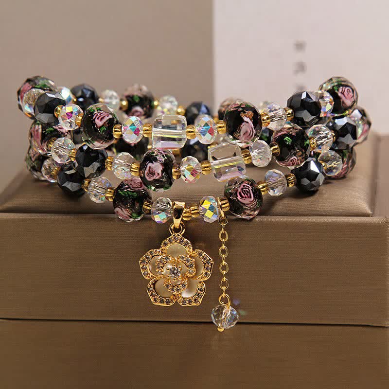 Buddha Stones Black Liu Li Glass Bead Flower Camellia Charm Harmonic Connection Bracelet - image 7