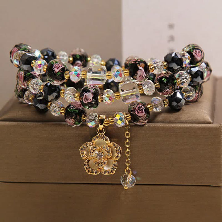 Buddha Stones Black Liu Li Glass Bead Flower Camellia Charm Harmonic Connection Bracelet - image 7