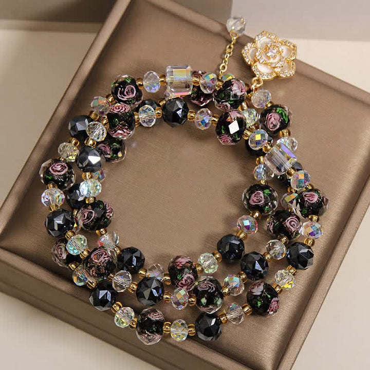 Buddha Stones Black Liu Li Glass Bead Flower Camellia Charm Harmonic Connection Bracelet - image 2
