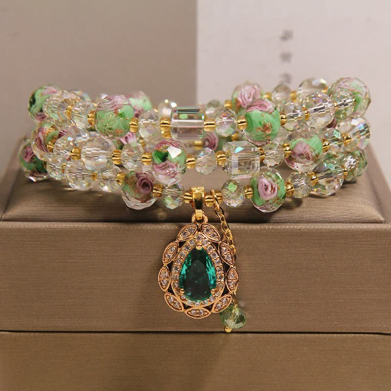 Buddha Stones Golden Liuli Glass Rose Garden Teardrop Energy Triple Wrap Bracelet - image 8