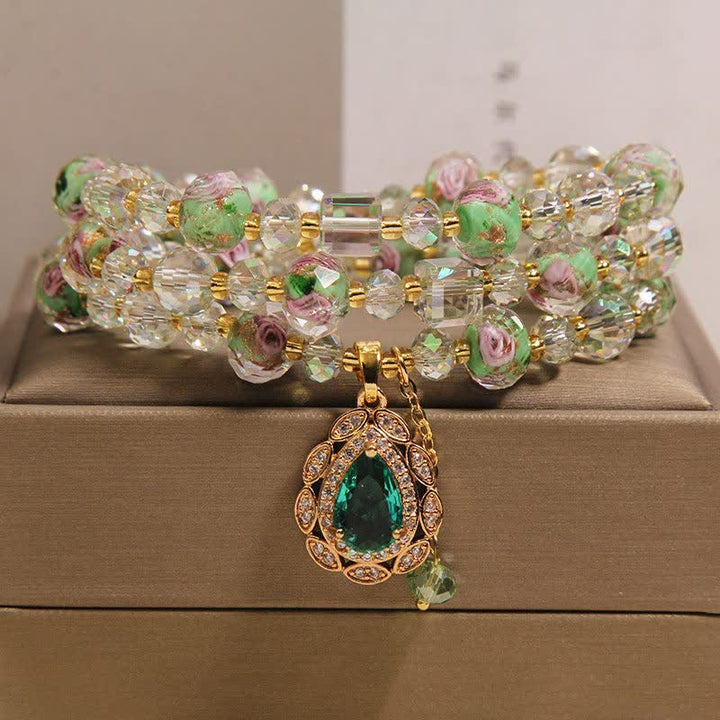 Buddha Stones Golden Liuli Glass Rose Garden Teardrop Energy Triple Wrap Bracelet - Green(Wrist Circumference: 5.9-6.3  in / 15-16cm) - image 0