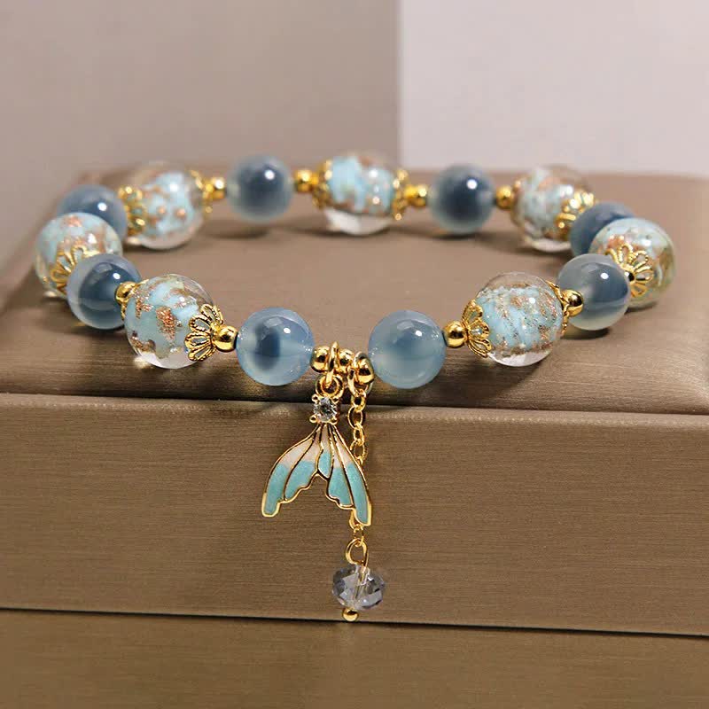 Buddha Stones Blue Candy Agate Liuli Glass Bead Fish Tail Charm Emotional Balance Bracelet - image 8