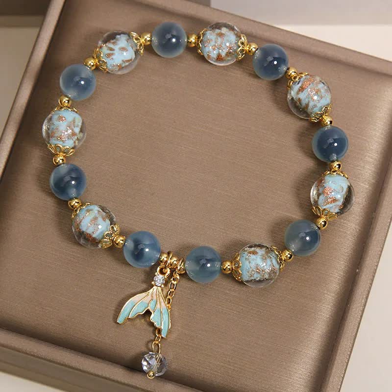 Buddha Stones Blue Candy Agate Liuli Glass Bead Fish Tail Charm Emotional Balance Bracelet - image 2