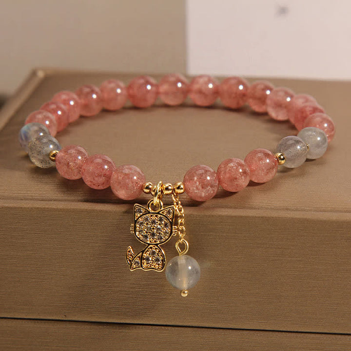 Buddha Stones Strawberry Quartz Moonstone Cat Charm Love Bracelet - image 5