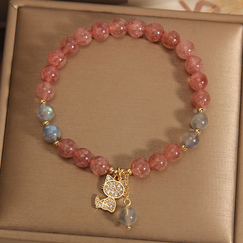 Buddha Stones Strawberry Quartz Moonstone Cat Charm Love Bracelet - image 2