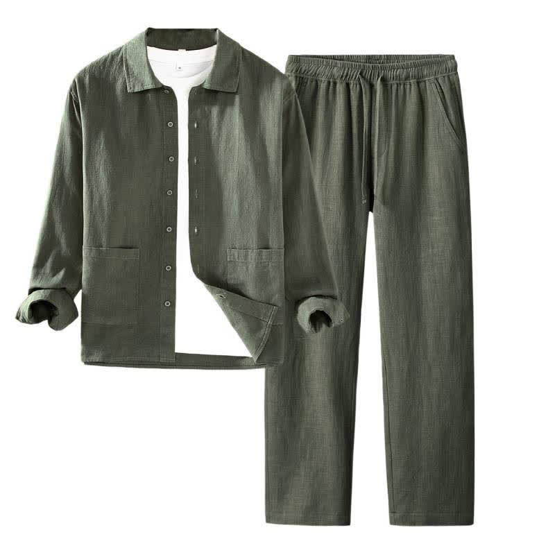 Buddha Stones Spring Fall Casual Minimalist Button-Up Solid Ramie Shirt Pants Men's Meditation Cloth With Pockets - image 3