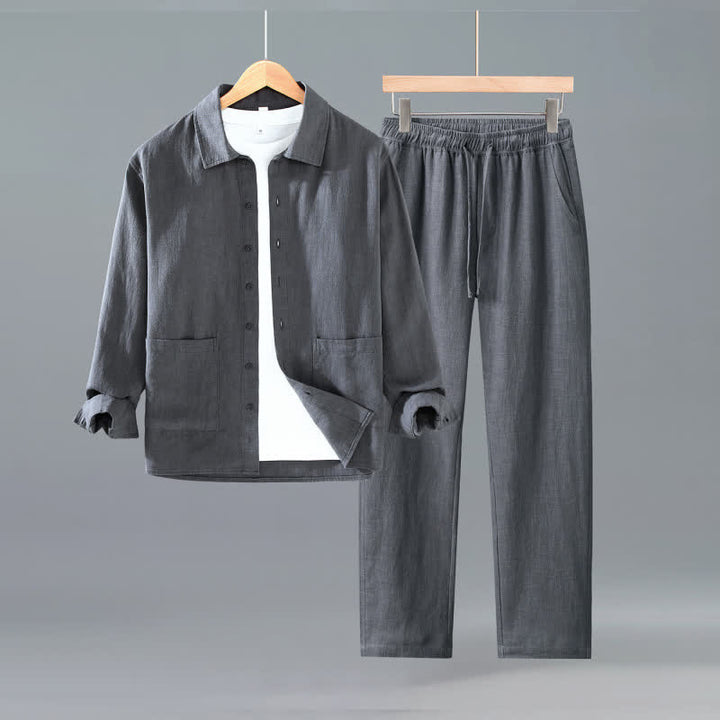 Buddha Stones Spring Fall Casual Minimalist Button-Up Solid Ramie Shirt Pants Men's Meditation Cloth With Pockets - DimGray - US/UK/AU42，EU52 (3XL) - image 0