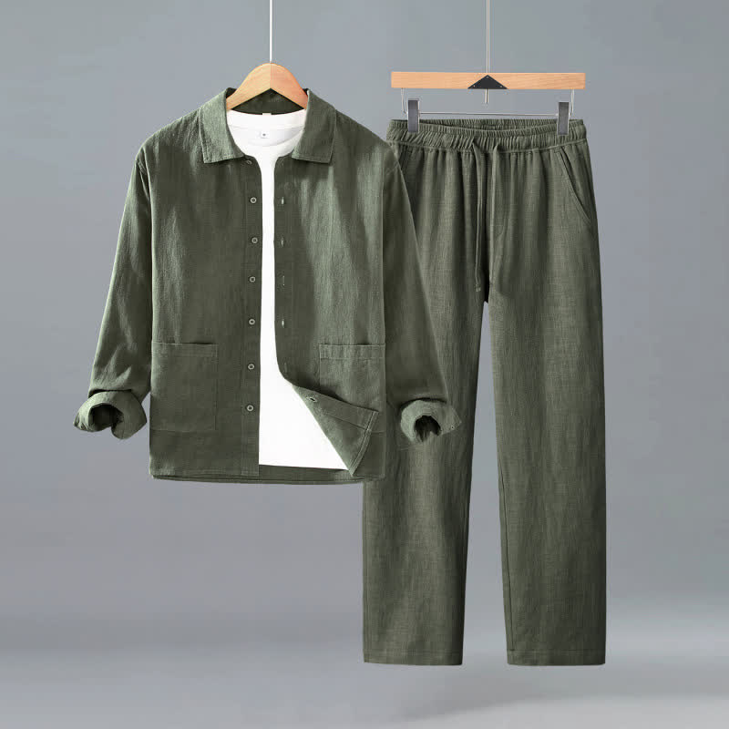 Buddha Stones Spring Fall Casual Minimalist Button-Up Solid Ramie Shirt Pants Men's Meditation Cloth With Pockets - DarkOliveGreen - US/UK/AU42，EU52 (3XL) - image 2