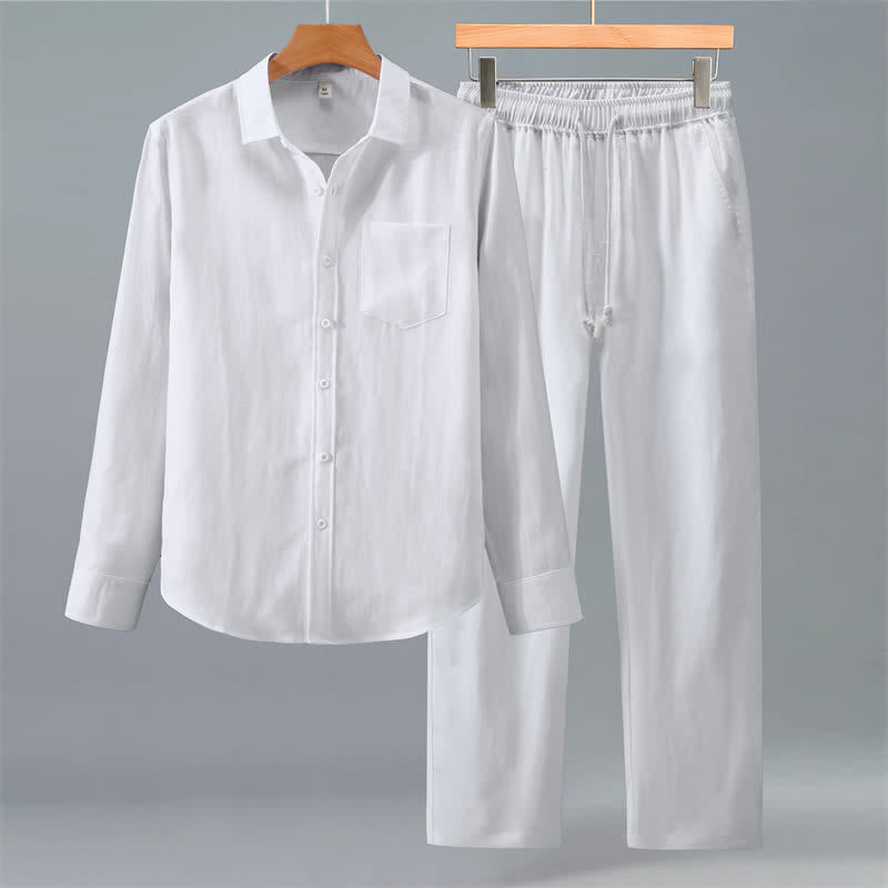 Buddha Stones 2Pcs Spring Fall Casual Button-Up Solid Shirt Pants Men's Meditation Cloth With Pockets - White - US/UK/AU42，EU52 (3XL) - image 15