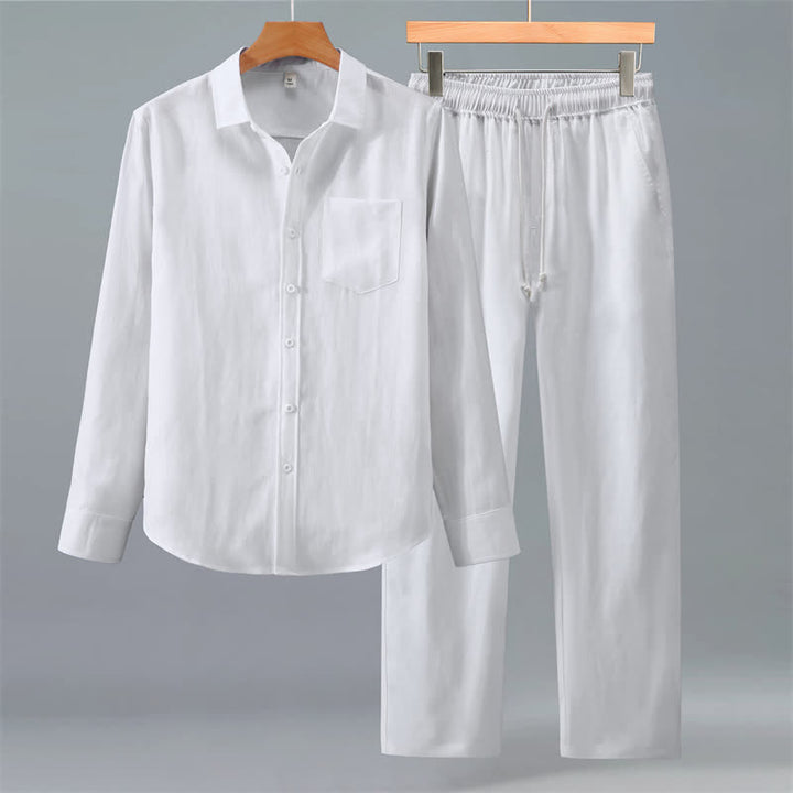 Buddha Stones 2Pcs Spring Fall Casual Button-Up Solid Shirt Pants Men's Meditation Cloth With Pockets - White - US/UK/AU42，EU52 (3XL) - image 15