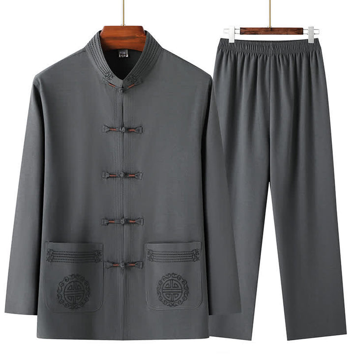 Buddha Stones 2Pcs Spring Fall Tang Style Casual Mandarin Collar Frog Button Solid Shirt Pants Men's Meditation Cloth With Pockets - DimGray - US/UK/AU44，EU54 (4XL) - image 0